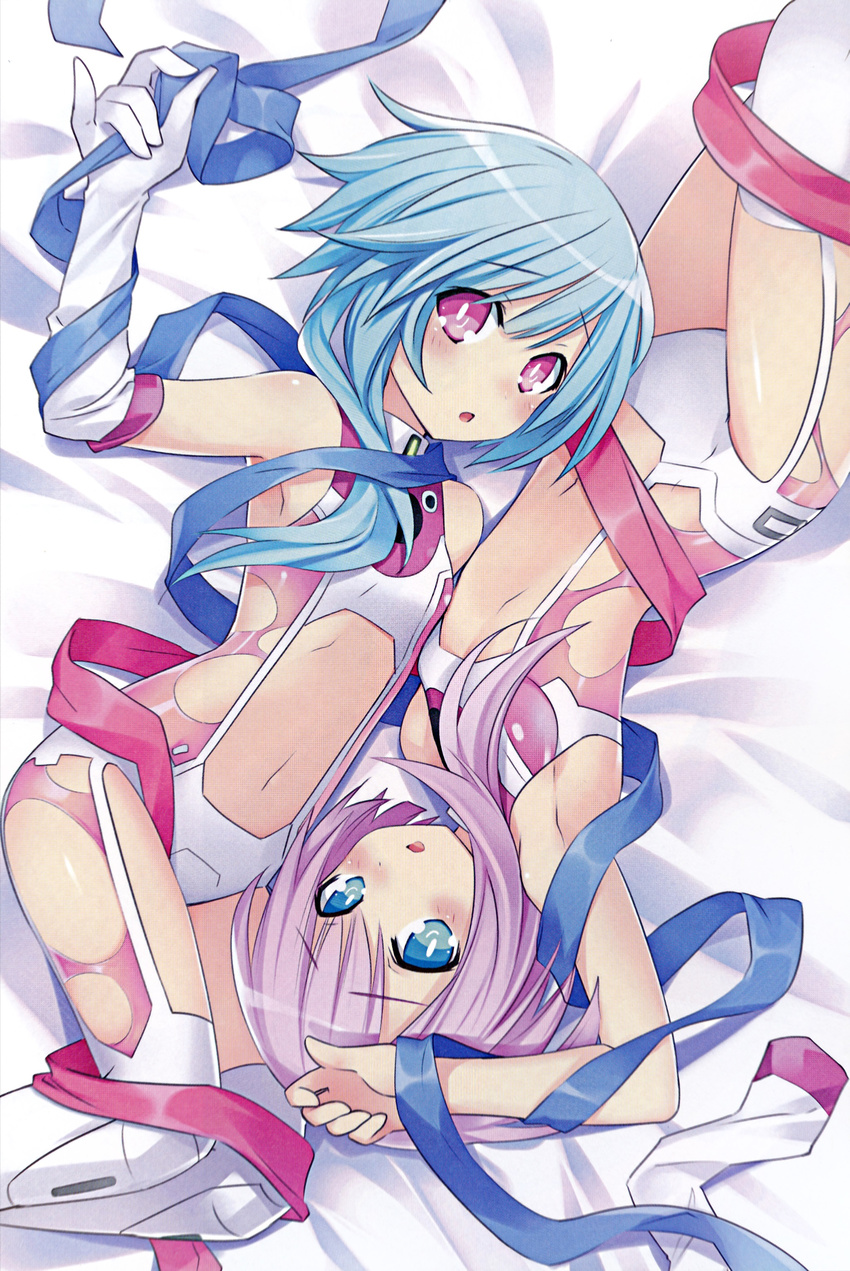 2girls absurdres arms_up blue_eyes blue_hair highres imageboard_desourced looking_at_viewer lying multiple_girls navel neptune_(series) non-web_source official_art open_mouth purple_eyes purple_hair tsunako white_sister_ram white_sister_rom