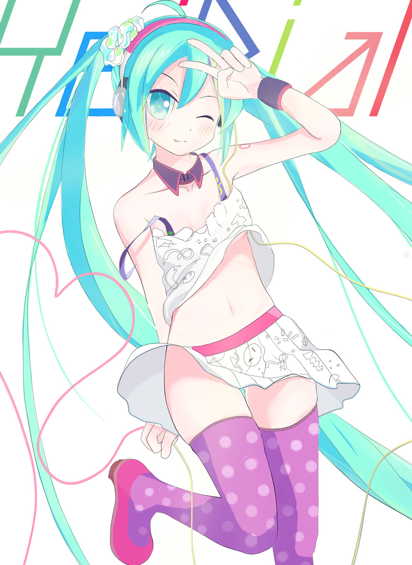 ahoge aqua_eyes aqua_hair collar commentary_request copyright_name female gumo hatsune_miku headphones highres long_hair midriff navel one_eye_closed photoshop_(medium) polka_dot polka_dot_legwear redial_(vocaloid) skirt solo strap_slip thighhighs twintails v very_long_hair vocaloid white_background