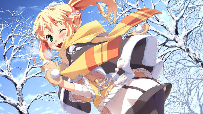 blonde_hair blush braid dutch_angle g_yuusuke game_cg green_eyes kayano_mina mittens pantyhose scarf snow tapestry_-you_will_meet_yourself- tree