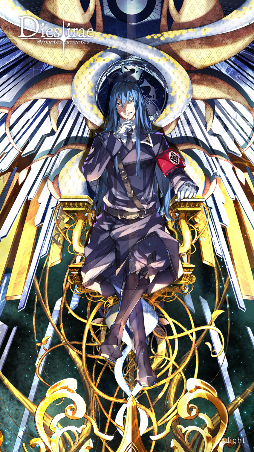 1boy armband artist_request blue_eyes blue_hair boots caduceus crossed_legs dies_irae dies_irae_pantheon full_body gloves grin hand_on_own_chin highres long_hair looking_at_viewer mercurius_(dies_irae) military military_uniform official_art photoshop_(medium) shinza_bansho_series sitting smile throne uniform unmoving_pattern