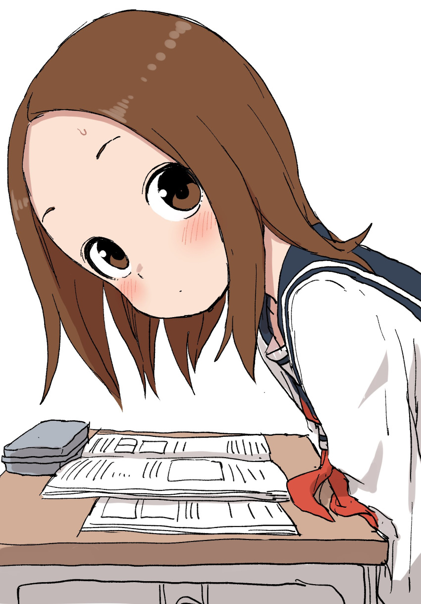 aged_up blue_sailor_collar blush brown_eyes brown_hair closed_mouth commentary_request desk female forehead from_side highres jaggy_lines karakai_jouzu_no_(moto)_takagi-san karakai_jouzu_no_takagi-san looking_at_viewer looking_to_the_side medium_hair neckerchief nishikata_chii parted_bangs red_neckerchief sailor_collar shirt simple_background solo white_background white_shirt yamamoto_souichirou