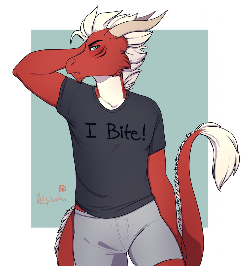 anthro axis_(character) bottomwear clothed clothing dragon english_text hair hand_behind_head hi_res horn mythological_creature mythological_scalie mythology pants red_body red_skin redpixie scalie shirt shorts simple_background solo standing suggestive_shirt suggestive_topwear t-shirt tail tail_tuft text text_on_clothing text_on_shirt text_on_topwear topwear tuft white_hair