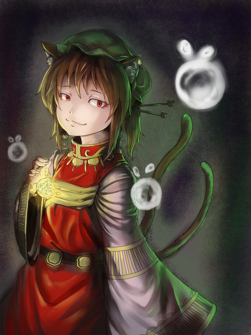 alternate_hairstyle animal_ears baten_(gei-vorugu) cat_ears chen commentary_request earrings female hair_ornament hairpin highres jewelry long_sleeves magic multiple_tails ponytail smile solo tail touhou