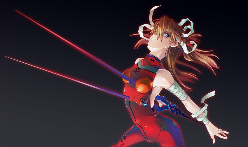 asaki_takayuki asuka_langley bandages bare_shoulders blue_eyes lance lance_of_longinus long_hair neon_genesis_evangelion plugsuit polearm red_hair tagme twintails