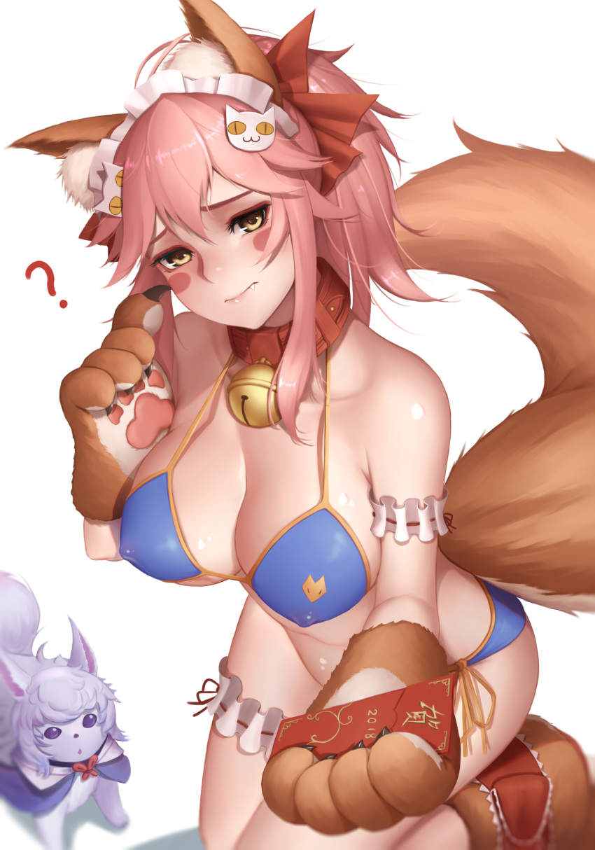 ? animal_ear_fluff animal_ears animal_hands apron bell bikini black-framed_eyewear blue_bikini blush_stickers breasts cat_hair_ornament cat_paws cleavage collar collarbone cosplay covered_nipples creature dydydyok fangs fate/grand_order fate_(series) female fou_(fate) fox_ears fox_tail gloves hair_ornament hair_ribbon highres jingle_bell large_breasts long_hair maid_headdress md5_mismatch neck_bell paw_gloves paw_shoes photoshop_(medium) pink_hair ponytail purple_eyes red_ribbon ribbon shoes side-tie_bikini_bottom simple_background swimsuit tail tamamo_(fate) tamamo_cat_(fate) tamamo_no_mae_(swimsuit_lancer)_(fate) tamamo_no_mae_(swimsuit_lancer)_(fate)_(cosplay) white_background yellow_eyes