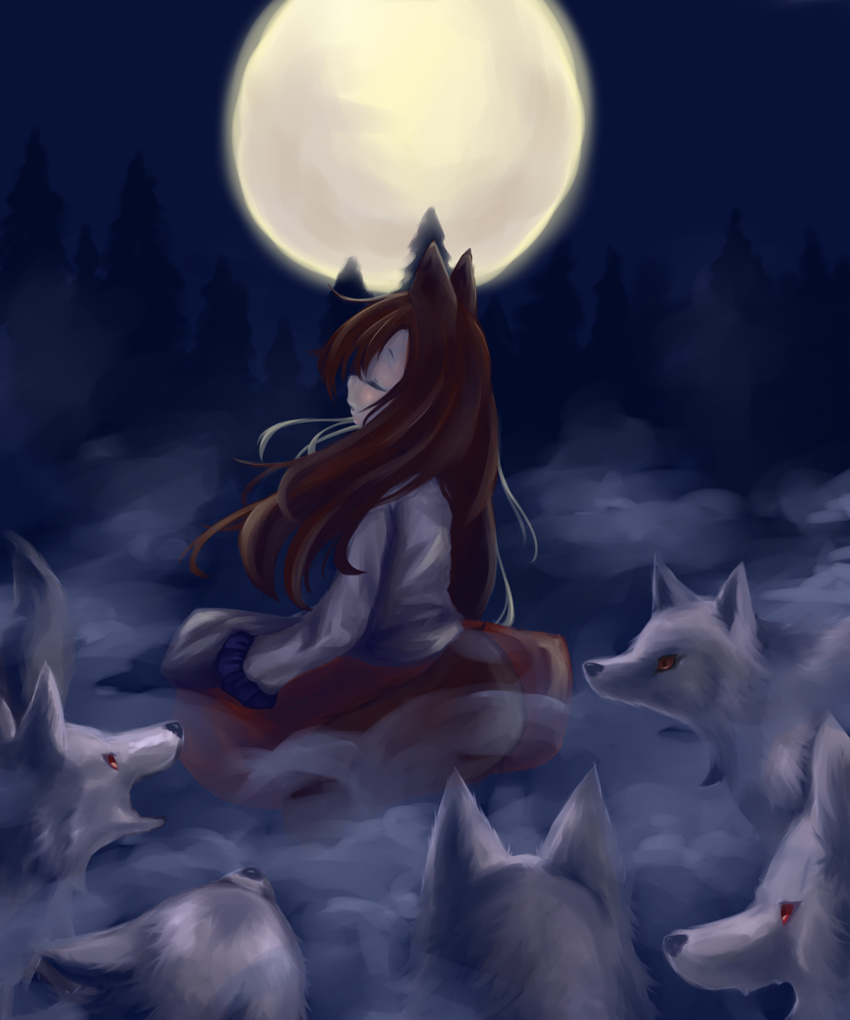 animal_ears brown_hair chinese_commentary closed_eyes commentary_request dress female fog forest full_moon highres imaizumi_kagerou long_hair long_sleeves lovewolf5122 moon nature oerba_yun_fang red_eyes sitting tail touhou very_long_hair wolf wolf_ears