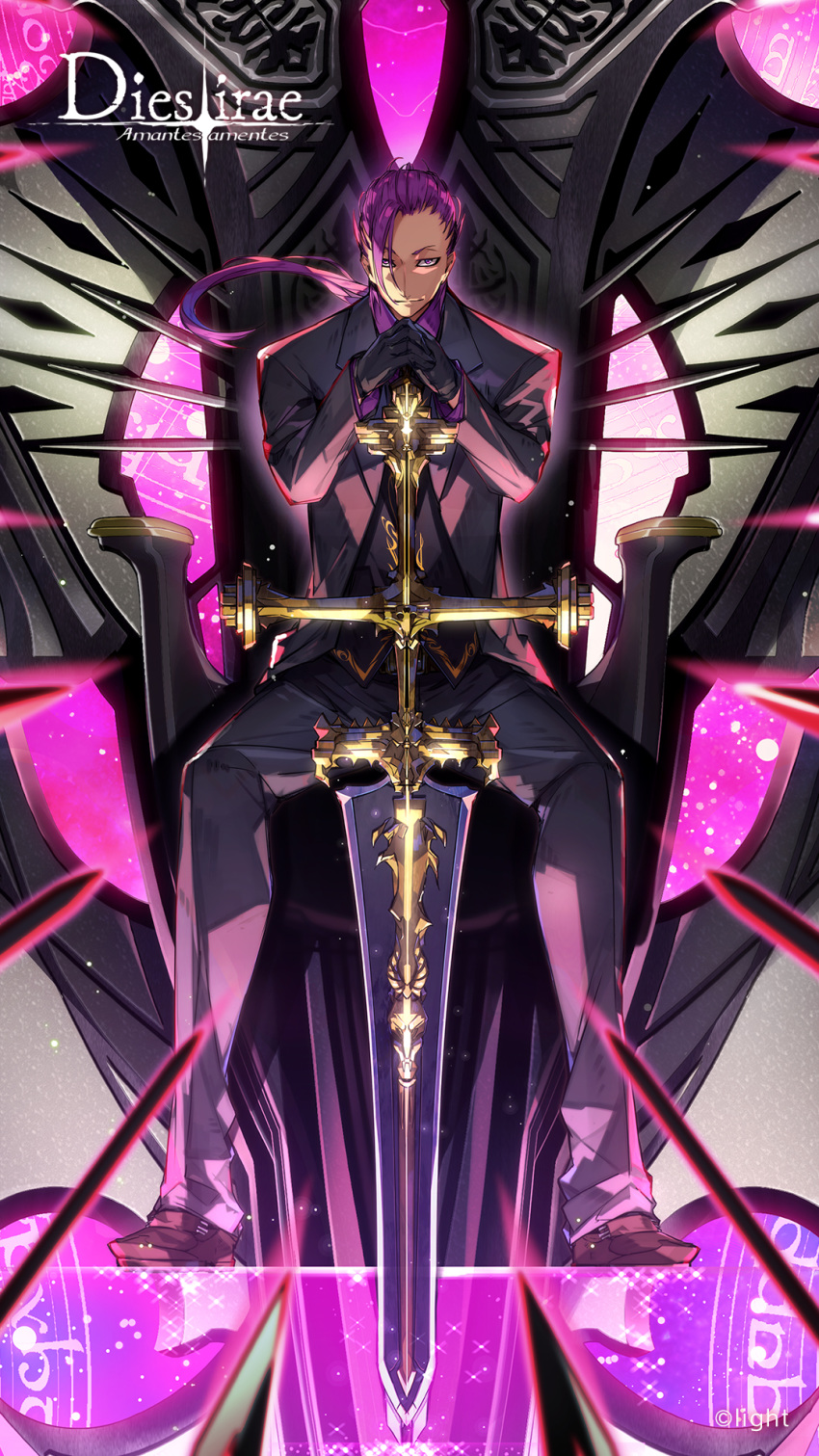 1boy dies_irae dies_irae_pantheon formal full_body g_yuusuke hair_over_one_eye hair_pulled_back highres legs_apart loafers looking_at_viewer muzan necktie official_art photoshop_(medium) planted planted_sword ponytail purple_eyes purple_hair shinza_bansho_series shoes sitting smirk suit sword throne weapon