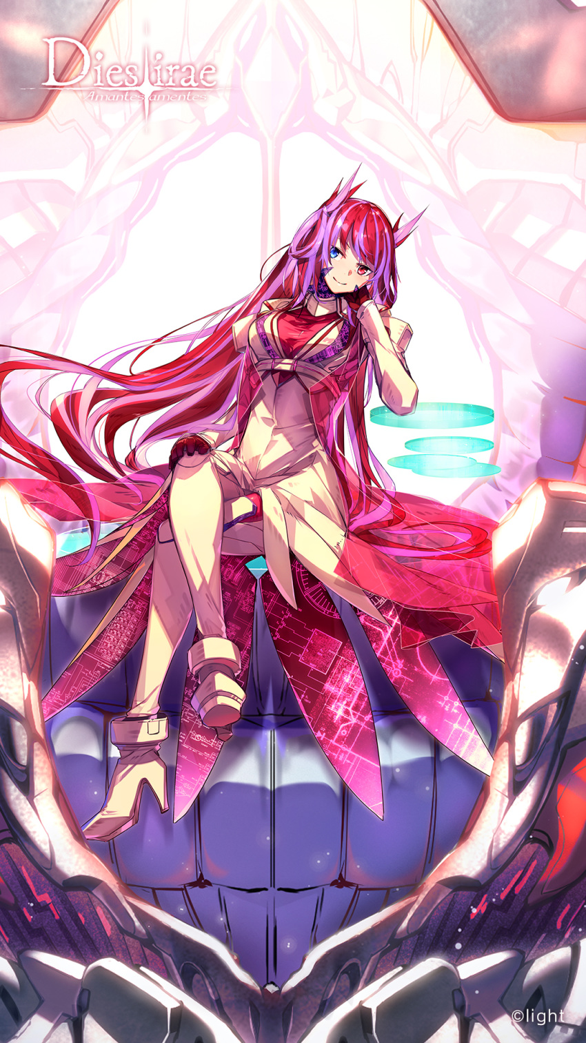 arm_rest artist_request blue_eyes breasts crossed_legs dies_irae dies_irae_pantheon female full_body gloves hand_on_own_cheek hand_on_own_face head_tilt heterochromia high_heels highres large_breasts long_hair looking_at_viewer mithra_(dies_irae) multicolored_hair official_art photoshop_(medium) pink_hair red_eyes red_hair see-through shinza_bansho_series sitting smile solo throne unmoving_pattern very_long_hair