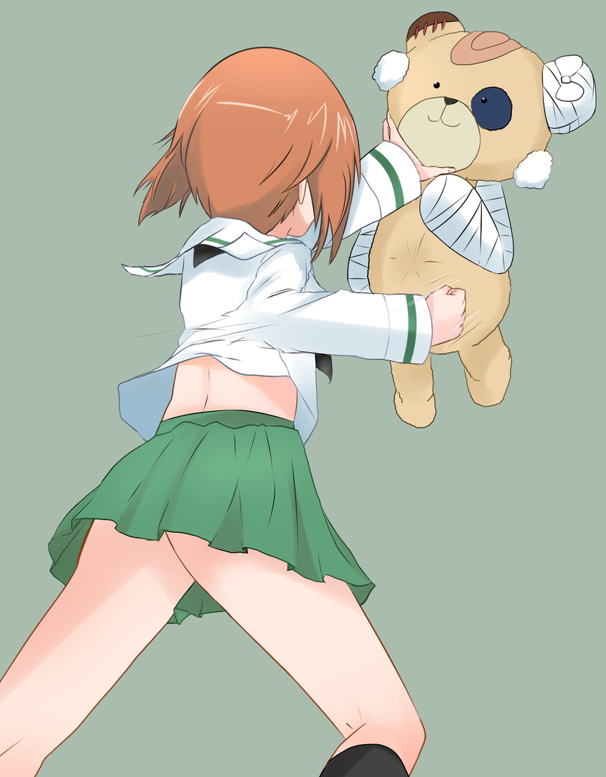 bandages bandaid blouse boko_(girls_und_panzer) brown_hair cast clenched_hand commentary eve_(kenzen) female from_behind girls_und_panzer green_skirt grey_background highres holding long_sleeves miniskirt neckerchief nishizumi_miho no_panties ooarai_school_uniform pleated_skirt school_uniform serafuku shirt short_hair simple_background skirt solo standing stuffed_animal stuffed_toy teddy_bear white_shirt