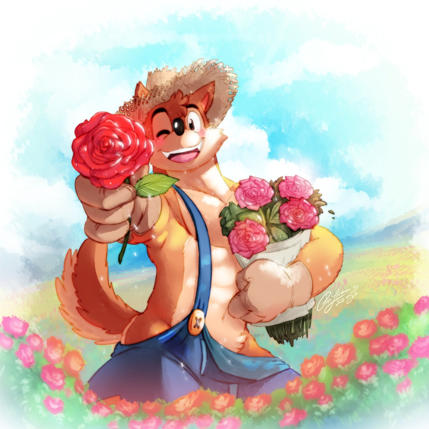 1:1 2015 4_fingers abs anthro black_nose blush bouquet brown_eyes canid canine canis clothing fingers flower fur gloves handwear hat headgear headwear hi_res holding_flower holding_object holidays looking_at_viewer male mammal muscular offering_to_viewer one_eye_closed open_mouth open_smile overalls pecs piti_yindee plant signature sky smile solo straw_hat tan_body tan_fur valentine's_day wink wolf wuffle wuffle_(webcomic)