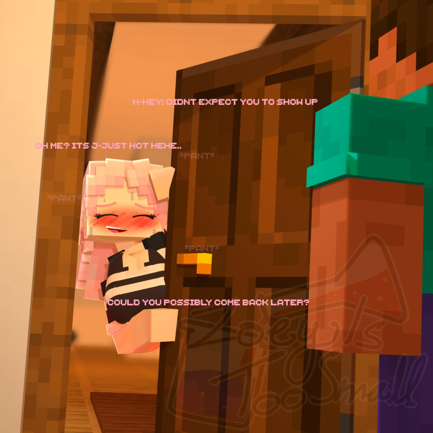 3d 3d_(artwork) behind_door blush closed_eyes clothed detailed_background door female hair long_hair male mine-imator minecraft pink_hair steve_(minecraft) sweat text watermark zoey_(zoeyistoosmall) zoey_is_too_small