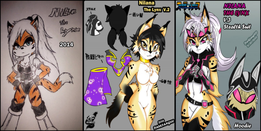 anthro art_improvement black_hair black_spots blue_eyes bottomless brown_eyes clothed clothing darkfang100 darkfangcomics ear_piercing english_text felid feline female fur grey_background hair lynx mammal multicolored_body multicolored_fur multiple_images nilana_the_lynx nude piercing pink_eyes simple_background solo spots spy stealth_the_series tan_body tan_fur text white_body white_fur white_hair