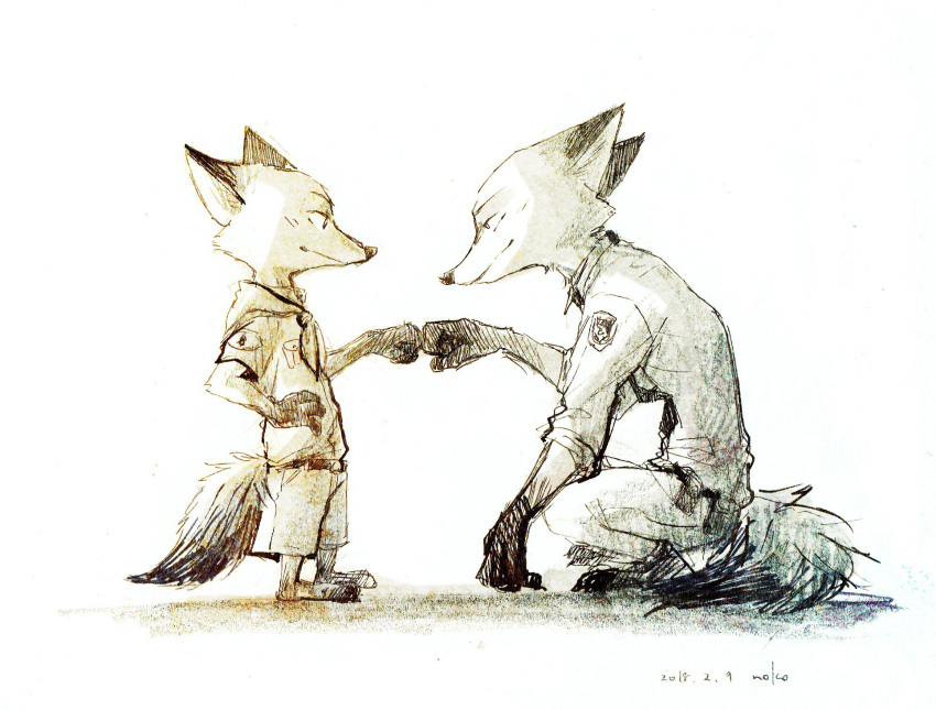 2018 anthro barefoot canid canine clothing crouching dipstick_ears dipstick_tail disney duo ear_markings feet fist_bump fox fur gesture gloves_(marking) hi_res male mammal markings multicolored_ears multicolored_tail nick_wilde noko_ume police police_uniform red_fox simple_background smile square_crossover standing tail tail_markings true_fox uniform young zootopia