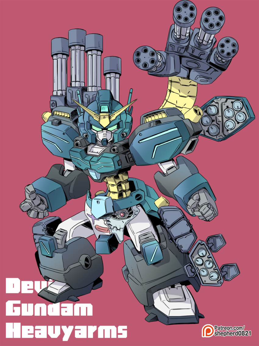 chinese_commentary commentary_request devil_gundam fusion g_gundam green_eyes gundam gundam_heavyarms_custom gundam_wing highres m61_vulcan mask mecha missile missile_pod no_humans patreon_username photoshop_(medium) robot shepherd0821