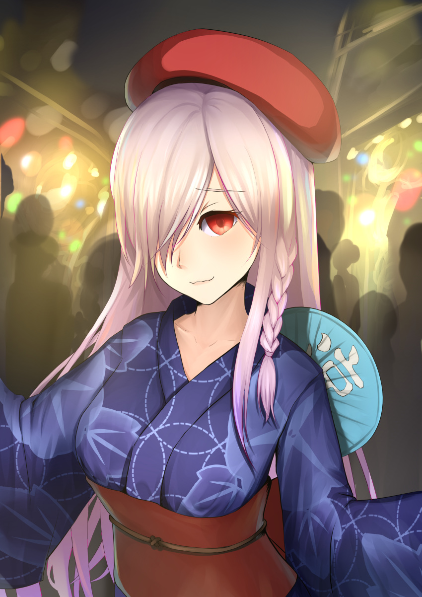 absurdres alternate_costume beret blue_kimono braid breasts chinese_commentary collarbone commentary_request female floral_print g36c_(girls'_frontline) g36c_(ode_to_summer)_(girls'_frontline) girls'_frontline hair_over_one_eye hand_fan hat highres japanese_clothes kimono long_hair medium_breasts obi official_alternate_costume outdoors paper_fan print_kimono red_eyes red_hat sash side_braid solo_focus uchiwa very_long_hair white_hair xxiner