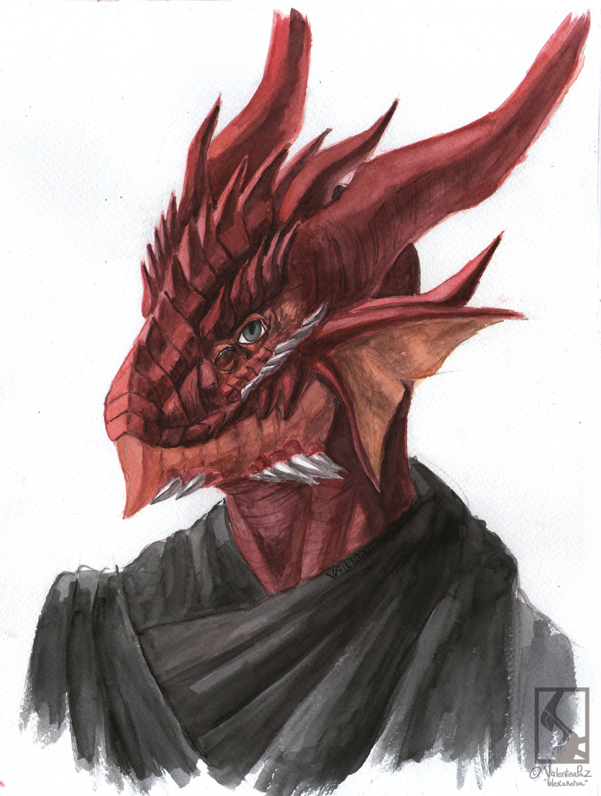 2015 anthro bust_portrait clothed clothing curved_horn dragon hi_res horn looking_at_viewer male mythological_creature mythological_scalie mythology painting_(artwork) portrait reptile scales scalie signature simple_background smile solo traditional_media_(artwork) valentinapaz watercolor_(artwork) white_background