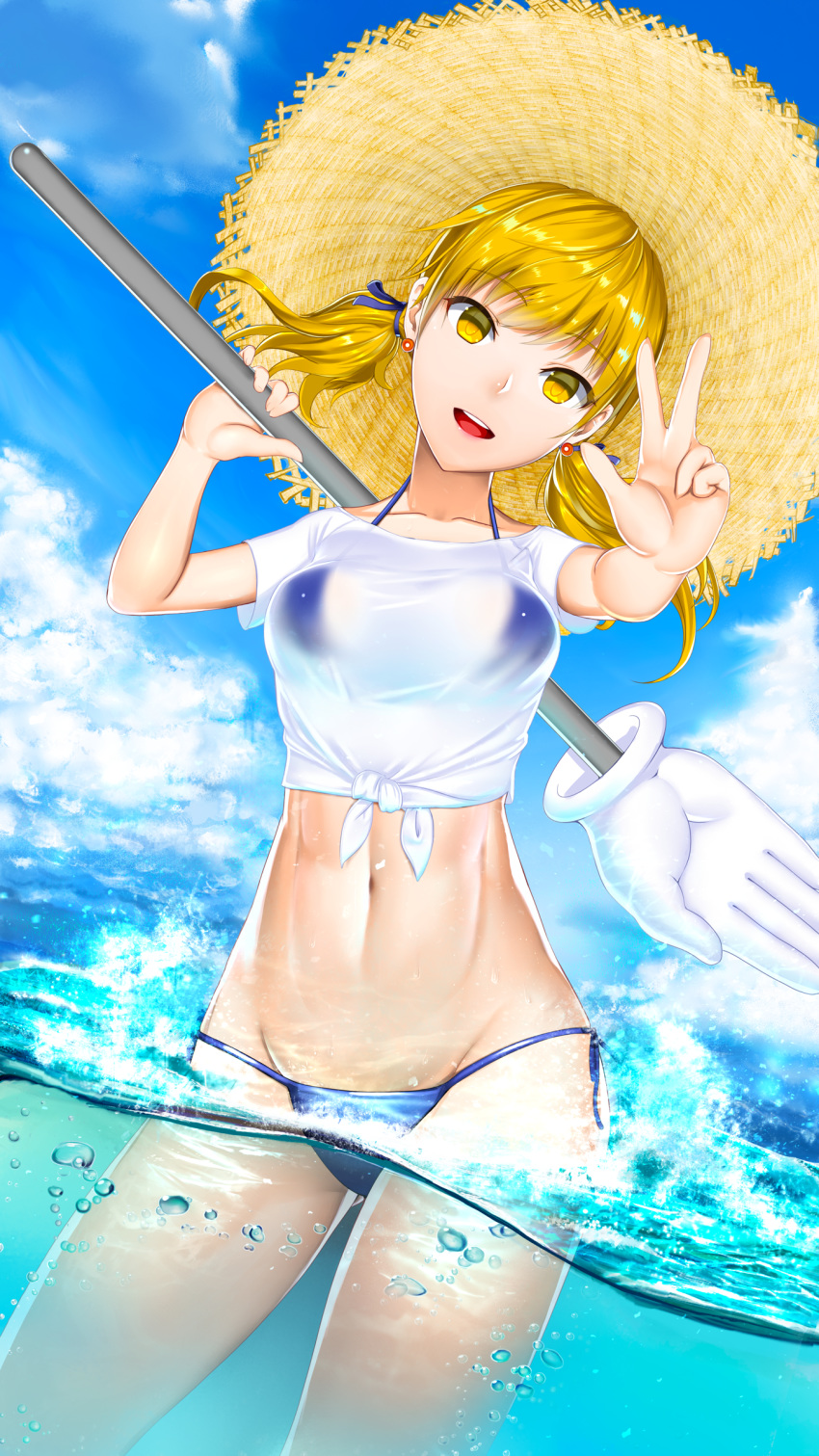 1q_(madoromi_minority) absurdres blonde_hair blue_ribbon breasts commentary_request earrings female giant_hand groin hair_ribbon happy hat highres jewelry long_hair looking_at_viewer medium_breasts navel ocean open_mouth outdoors ribbon smile solo star_ocean star_ocean_anamnesis star_ocean_till_the_end_of_time swimsuit teeth twintails welch_vineyard yellow_eyes