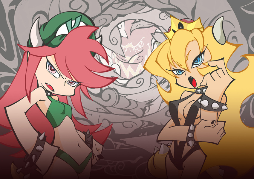 2girls bikini black_collar black_nails black_slingshot_swimsuit blonde_hair blue_eyes bowser_peach bowsette bracelet breasts collar commentary_request crown green_bikini green_hat hair_between_eyes hand_on_own_hip hat horns jewelry long_hair looking_at_viewer mario_(series) multiple_girls nail_polish navel new_super_mario_bros._u_deluxe panty_&_stocking_with_garterbelt parody photoshop_(medium) possessed princess_peach prototype_design red_eyes red_hair slingshot_swimsuit spiked_bracelet spiked_collar spiked_tail spikes style_parody super_crown super_mario_odyssey swimsuit tail textless_version very_long_hair yuki_no14