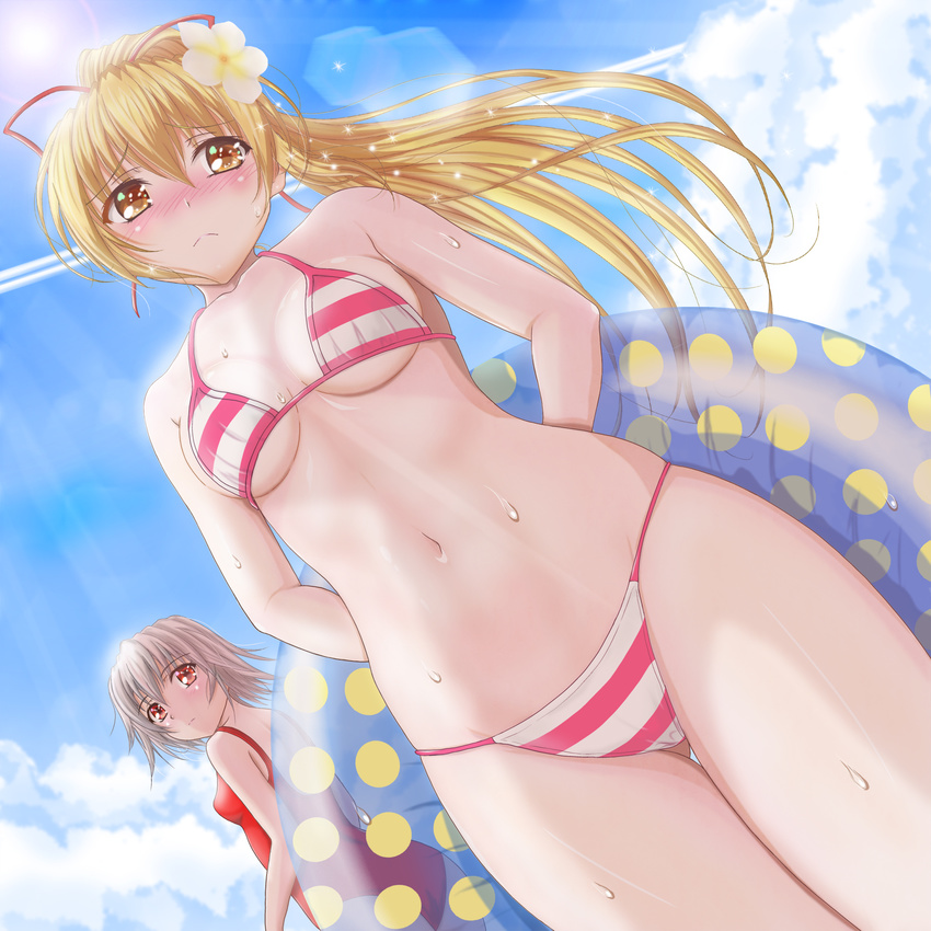 2girls bikini blonde_hair breasts commentary_request day dutch_angle flower from_below fujimiya_nozomi h.i.t_(59-18-45) hair_flower hair_ornament highres innertube long_hair md5_mismatch medium_breasts multiple_girls navel one-piece_swimsuit orange_eyes outdoors photoshop_(medium) ponytail short_hair silver_hair small_breasts striped_bikini striped_clothes swim_ring swimsuit tsukishiro_hikari underboob wind_a_breath_of_heart yellow_eyes