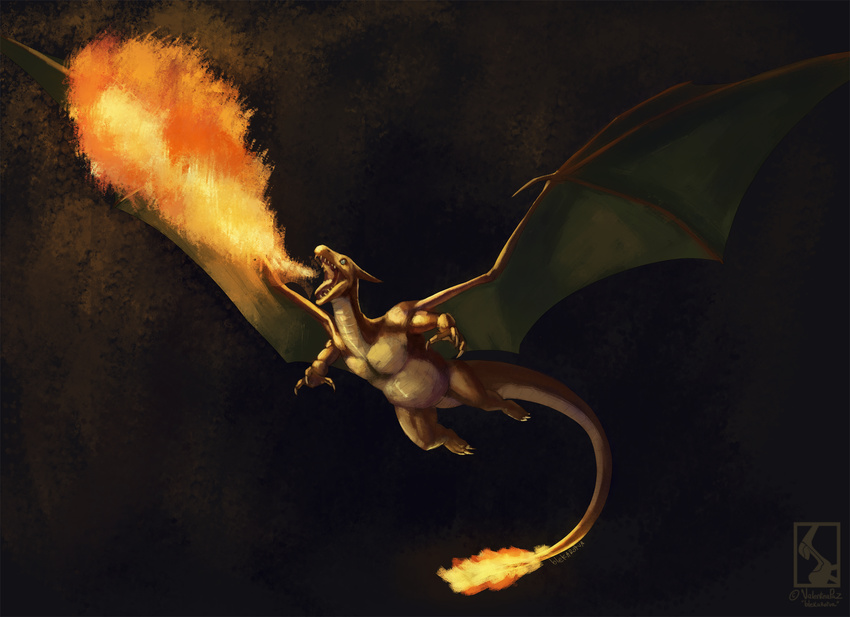 2015 ambiguous_gender charizard dragon feral fire flaming_tail generation_1_pokemon hi_res membrane_(anatomy) membranous_wings mythological_creature mythological_scalie mythology nintendo nude open_mouth orange_body orange_skin pokemon pokemon_(species) reptile scales scalie simple_background solo tail valentinapaz wings