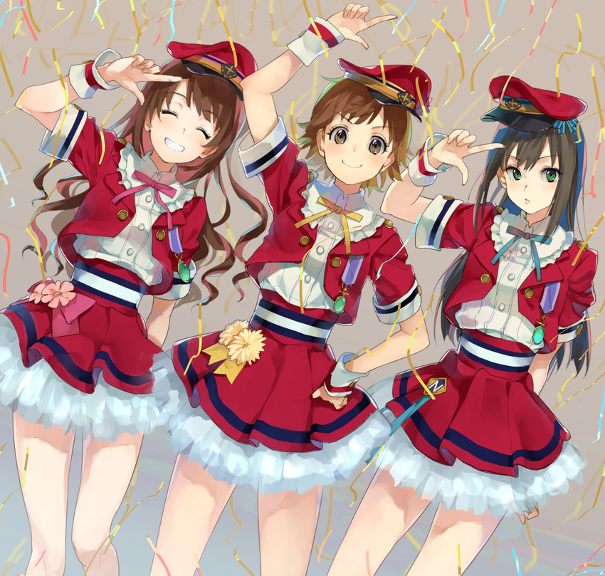 3girls ^_^ bad_id bad_twitter_id brown_eyes brown_hair closed_eyes confetti dekitate_evo!_revo!_generation!_(idolmaster) gem green_eyes grin hat honda_mio idolmaster idolmaster_cinderella_girls multiple_girls new_generations_(idolmaster) onbr peaked_cap pointing shibuya_rin shimamura_uzuki skirt smile