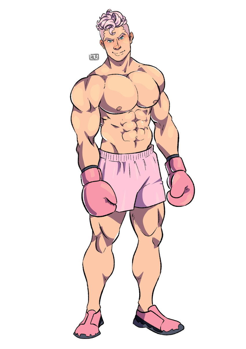 1boy abs biceps blue_eyes boxer boxing_gloves gijinka hlr hlr_art jigglypuff looking_at_viewer male male_only muscles muscular muscular_male pecs pink pink_hair pokemon shirtless_male shorts simple_background smooth_chest smooth_skin solo_male white_background