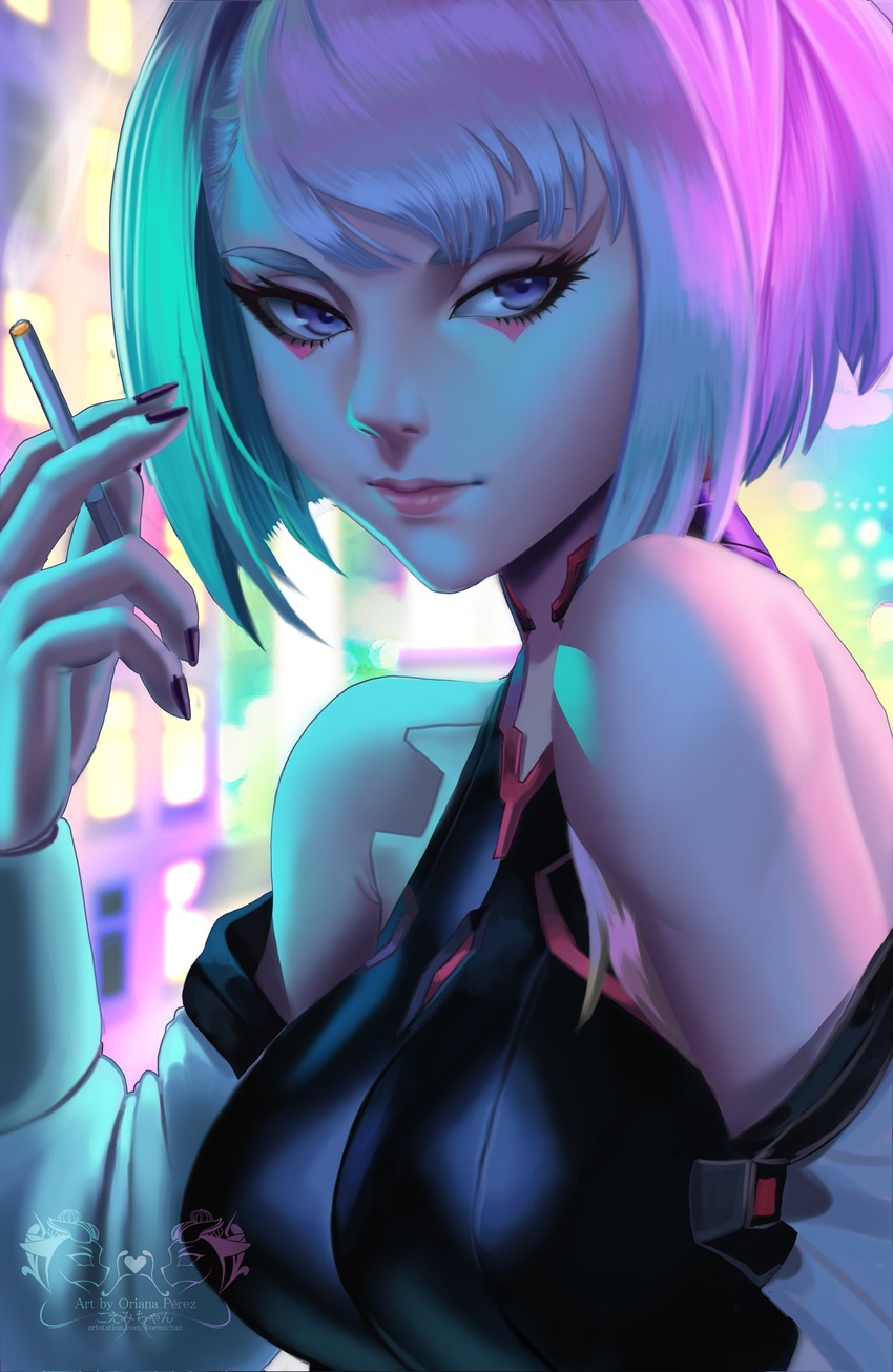 2022 2d artist_logo artist_name artstation_url black_pupils breasts cd_projekt_red cigarette cyberpunk:_edgerunners cyberpunk_2077 eyebrows eyelashes female female_only holding_cigarette koemichan light-skinned_female light_skin looking_at_viewer lucyna_kushinada safe_for_work sfw short_hair short_white_hair smoke smoke_trail solo solo_female studio_trigger white_hair white_sclera