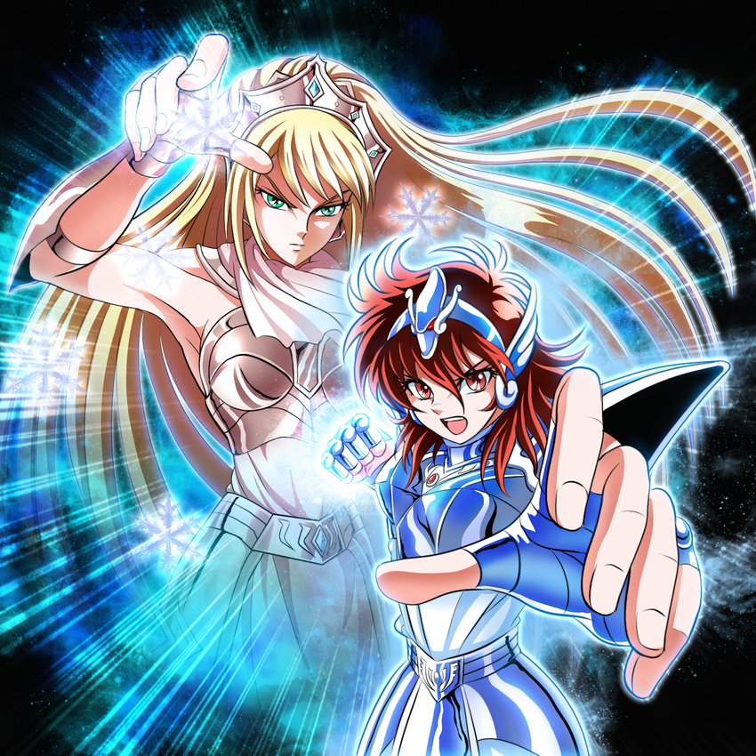 armor blonde_hair clenched_hand corona_borealis_katya equuleus_shoko highres long_hair multiple_girls red_hair saint_seiya saint_seiya_saintia_sho tk8d32