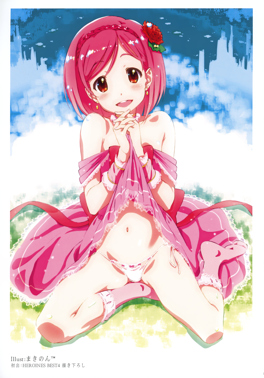 :d absurdres bare_legs blush camisole female flower hair_flower hair_ornament head_tilt headband highres k-books looking_at_viewer makinon_tm official_art open_mouth own_hands_clasped own_hands_together panties pink_hair pink_panties red_eyes ribbon rose short_hair side-tie_panties sitting smile socks solo spread_legs underwear yokozuwari