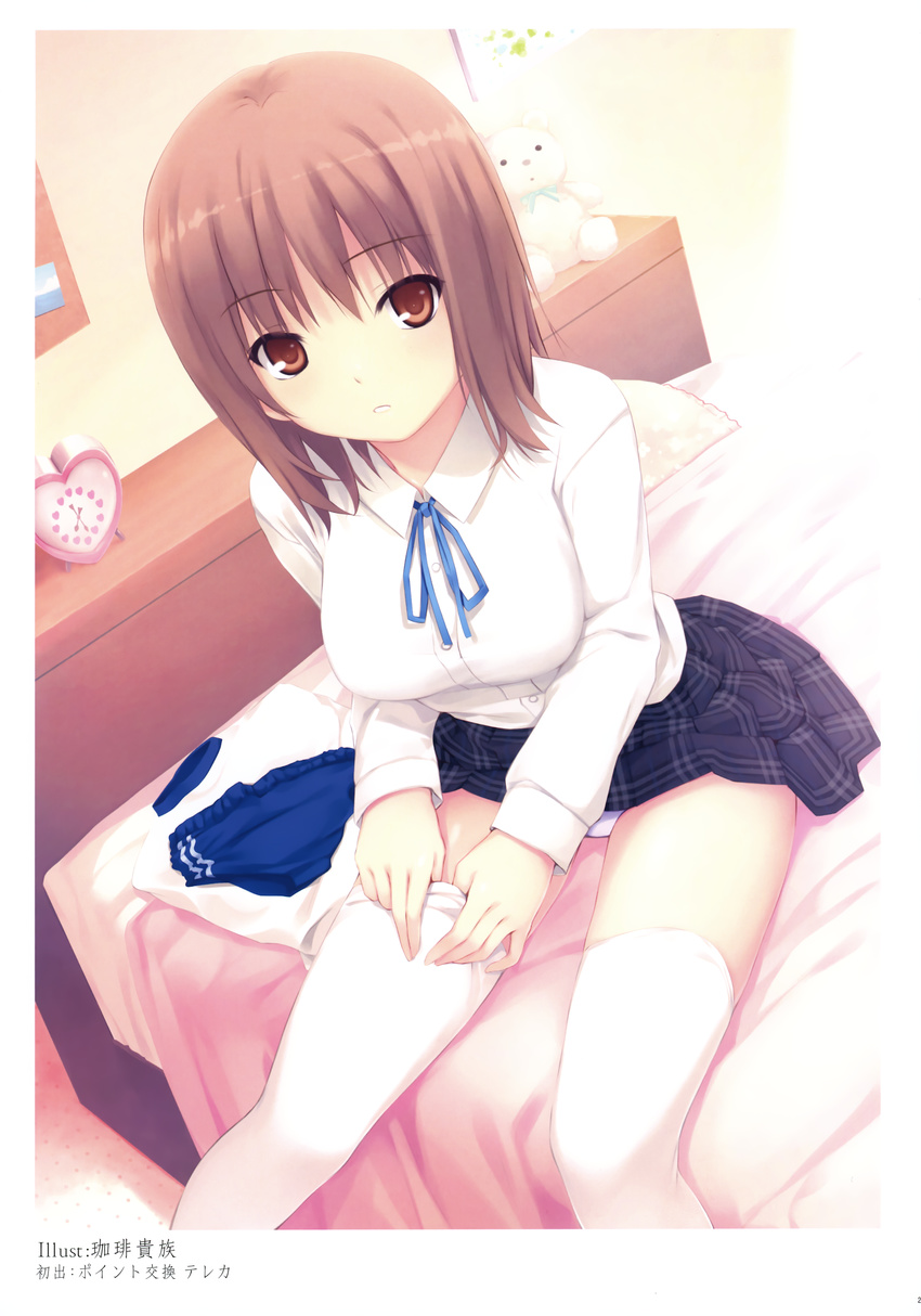 absurdres alarm_clock bed breasts brown_eyes brown_hair clock coffee-kizoku copyright_request drawer female gym_uniform highres indoors legs long_sleeves looking_at_viewer medium_breasts painting_(object) panties pantyshot plaid plaid_skirt school_uniform shelf shirt short_hair sitting skirt solo stuffed_animal stuffed_toy teddy_bear thighhighs underwear undressing unworn_buruma unworn_shirt white_panties white_shirt white_thighhighs