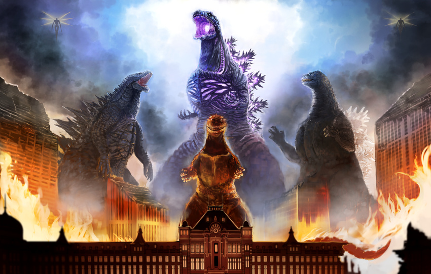 building burning burning_building city claws cloud cloudy_sky commentary_request fire giant glowing glowing_mouth godzilla godzilla_(2014) godzilla_(monsterverse) godzilla_(series) godzilla_(shin) height_difference highres kaijuu kaze_no_tani_no_nausicaa kyoshinhei looking_at_another looking_at_viewer monster monsterverse no_humans open_mouth outdoors sharp_teeth shin_godzilla sky suttoko teeth