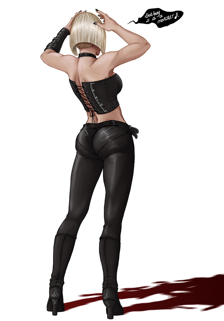 ass back bare_shoulders bob_cut boots bustier commentary crop_top devil_may_cry_(series) devil_may_cry_4 disguise english_commentary female gloria_(devil_may_cry) highres lady_gaga_(copyright) leather leather_pants mintsui pants photoshop_(medium) solo tight_clothes trish_(devil_may_cry) wig