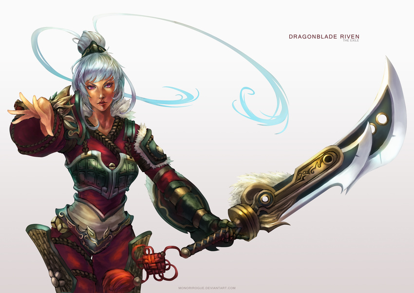 absurdres alternate_costume armor character_name commentary dragonblade_riven english_commentary feathers female gloves hair_bun highres league_of_legends monori_rogue photoshop_(medium) pink_eyes riven_(league_of_legends) simple_background single_glove single_hair_bun solo sword weapon white_background white_hair