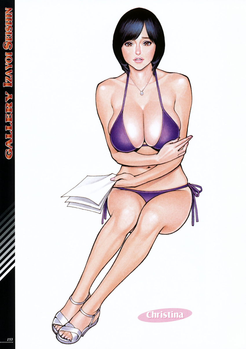 action_pizazz artbook bikini black_hair blush breast_hold breasts brown_eyes character_name cleavage collarbone female full_body halterneck highres holding holding_paper izayoi_seishin jewelry large_breasts lips looking_at_viewer mature_female navel necklace newscaster_christina original page_number paper parted_lips photoshop_(medium) purple_bikini sandals short_hair side-tie_bikini_bottom simple_background solo swimsuit white_background white_footwear