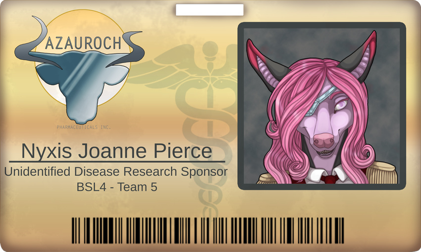 badge barcode bat bovid bovine caduceus card cattle crystal digital_media_(artwork) eye_patch eyewear fauxlacine female fur hair id looking_at_viewer mammal medical nyxis pink_body pink_fur pink_hair prince purple_eyes royalty solo story story_in_description