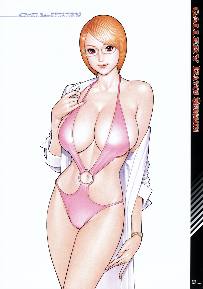 bikini breasts brown_hair huge_breasts izayoi_seishin labcoat large_breasts mature mizugi navel one-piece_swimsuit oppai orange_hair short_hair watch