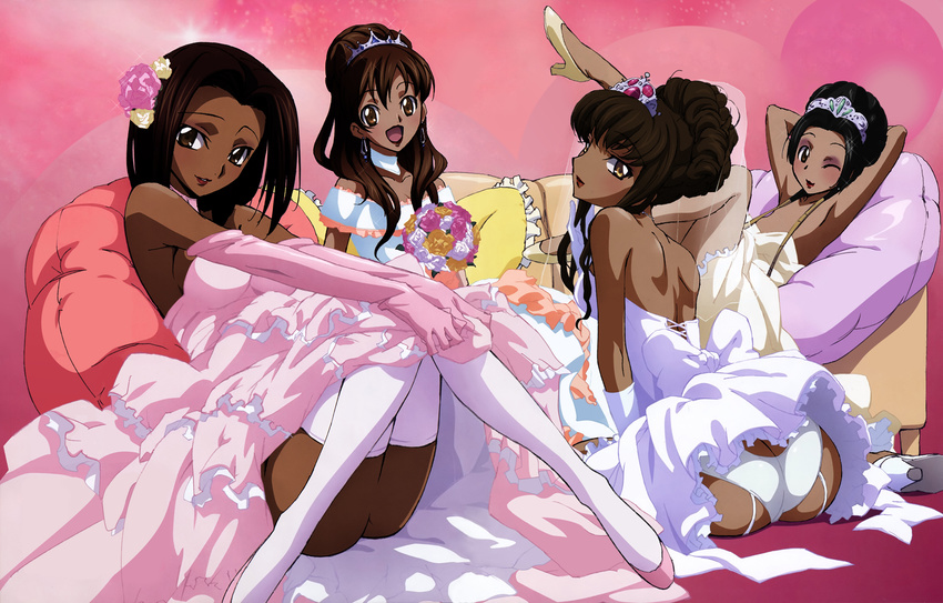 4girls absurdres arms_up bare_shoulders black_hair bouquet brown_hair c.c. code_geass couch dark_skin detexted dress earrings elbow_gloves eyeshadow flower gloves hair_flower hair_ornament high_heels high_res jewelry kallen_stadtfeld lipstick long_hair makeup megami no_pussy nopan open_mouth oshiri pantsu photoshop pillow posterior_cleavage shirley_fenette shoes short_hair sitting smile sumeragi_kaguya tabata_hisayuki thighhighs tiara veil waki wedding_dress white_panties white_thighhighs wink