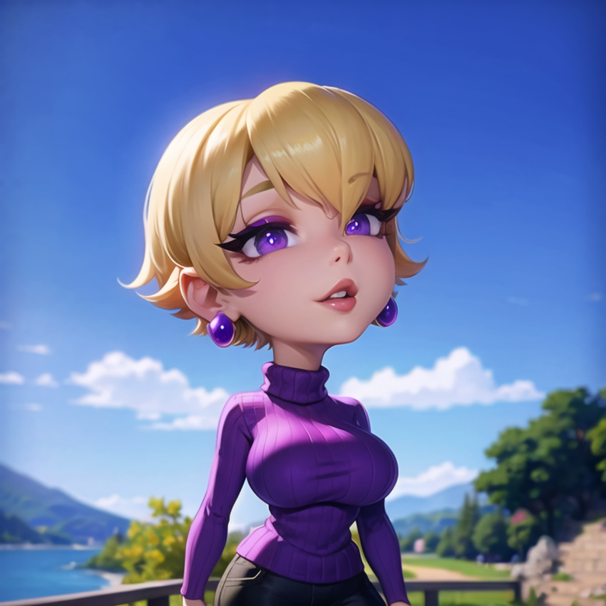 ai_generated audiostick bad_anatomy big_eyes big_head black_jeans blonde_hair breasts bulging_breasts chibi clothed_female clothing day depth_of_field detailed_background disproportional earrings eyeshadow front_view garfield_(series) huge_head jeans large_breasts leggings makeup neoteny outdoors pink_lips purple_earrings purple_eyes purple_eyeshadow purple_sweater short_hair short_hair_female solo stable_diffusion standing sweater turtleneck turtleneck_sweater upper_body violet_clothing winona_cauldron