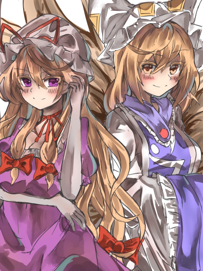 2girls animal_ears animal_hat blonde_hair blue_tabard blush brushing_hair brushing_own_hair dress elbow_gloves fox_ears fox_tail frilled_dress frills gloves hand_in_own_hair hands_in_opposite_sleeves hat hat_ribbon highres kitsune long_hair long_sleeves looking_at_viewer mob_cap multiple_girls multiple_tails own_hands_together puffy_short_sleeves puffy_sleeves purple_dress purple_eyes red_ribbon ribbon short_sleeves simple_background smile sutaku77224 tabard tail touhou white_background white_dress wide_sleeves yakumo_ran yakumo_yukari yellow_eyes