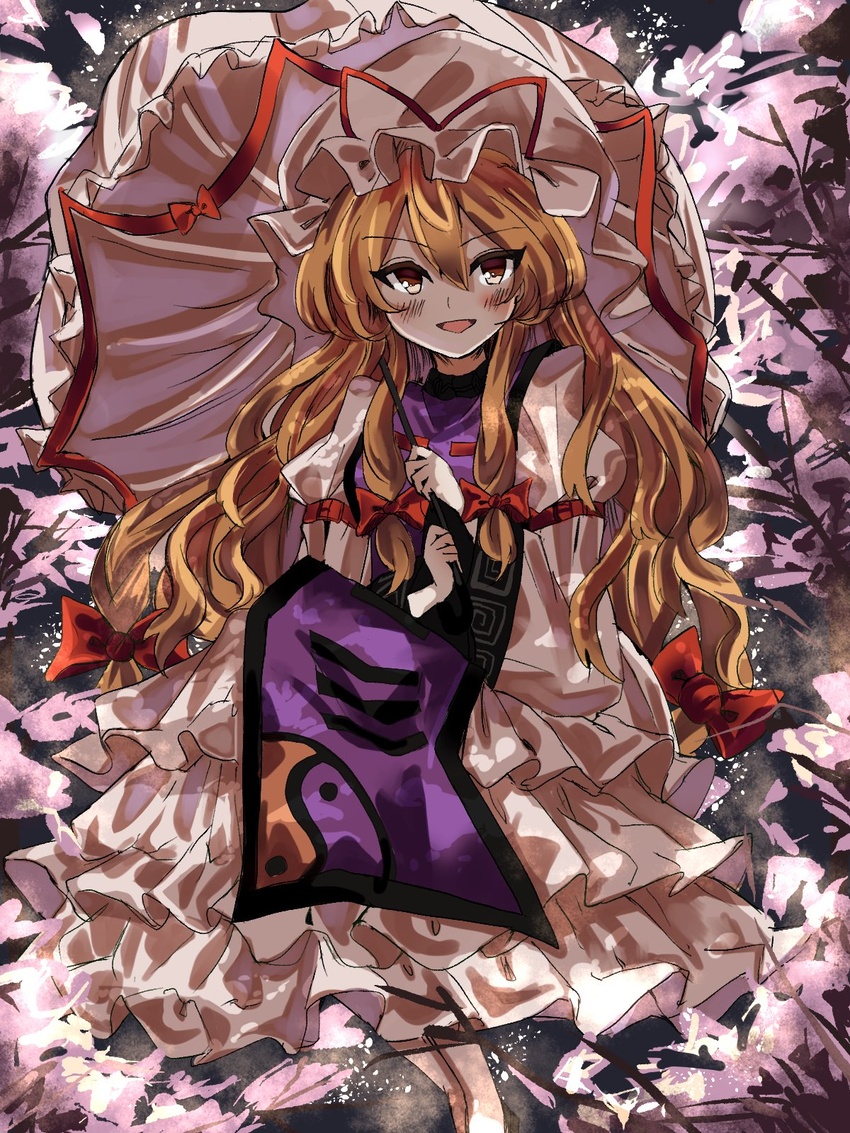 blonde_hair blush cherry_blossoms dress female frilled_dress frills hat hat_ribbon highres knees_up long_hair long_sleeves looking_at_viewer mob_cap open_mouth parasol red_eyes red_ribbon ribbon sitting smile solo sutaku77224 tabard touhou tree umbrella white_dress wide_sleeves yakumo_yukari