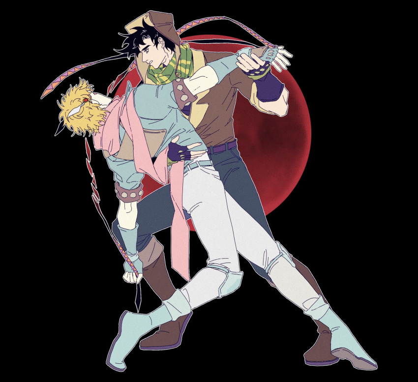 2boys battle_tendency black_hair blonde_hair blue_jacket bomber_hat bomber_jacket boots caesar_anthonio_zeppeli dancing denim fingerless_gloves fur_hat gloves green_scarf hat highres jacket jeans jojo_no_kimyou_na_bouken joseph_joestar joseph_joestar_(young) knee_boots knee_pads male_focus multiple_boys pants pickieeeee pink_scarf protected_link scarf striped_clothes striped_scarf tango ushanka