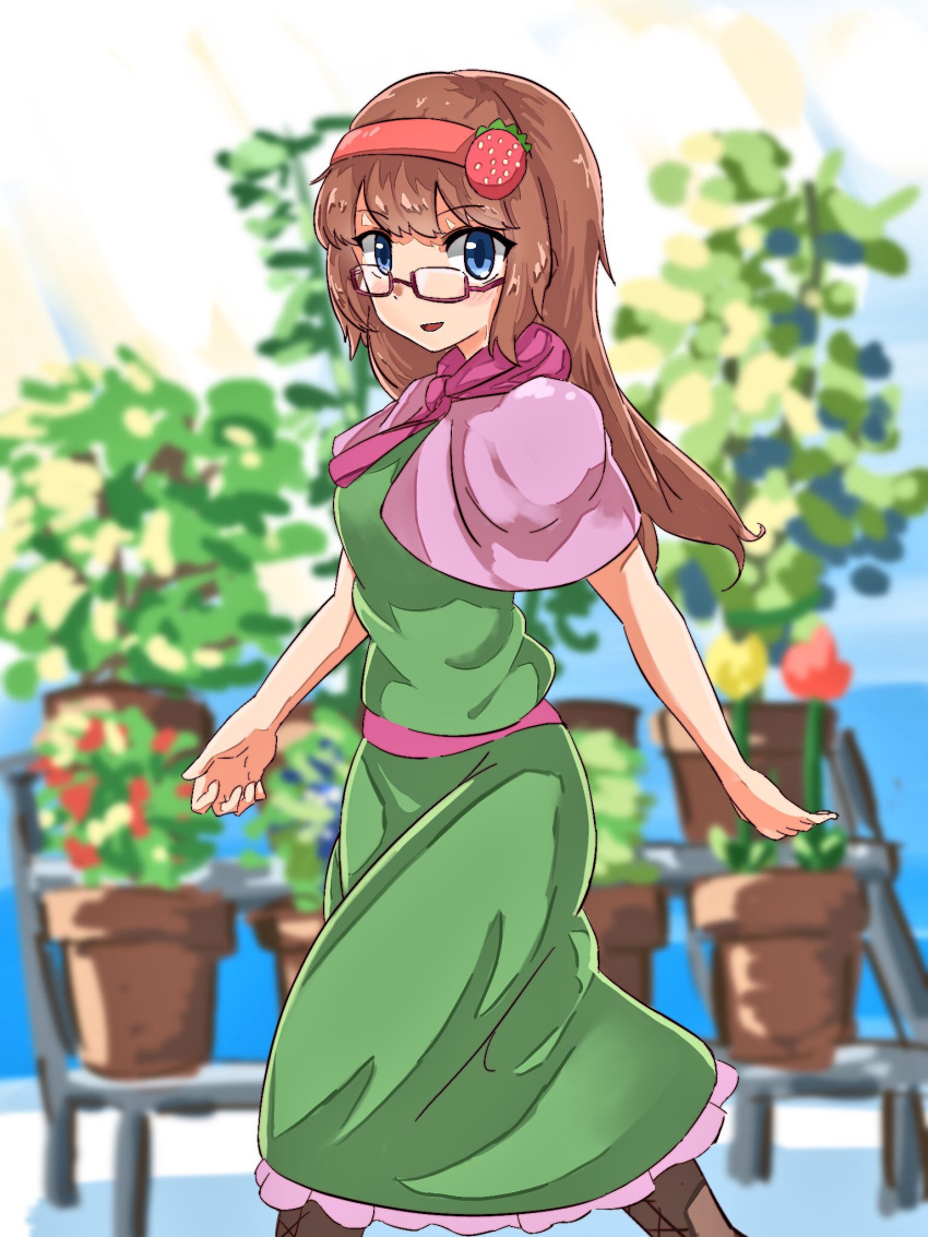 blue_eyes blurry blurry_background boots brown_footwear brown_hair capelet commentary_request cookie_(touhou) dress feet_out_of_frame female flower food-themed_hair_ornament glasses green_dress hair_ornament hairband highres ichigo_(cookie) long_hair looking_at_viewer neckerchief nob1109 open_mouth pink_capelet pink_neckerchief pink_sash plant potted_plant red-framed_eyewear red_flower red_hairband sash semi-rimless_eyewear solo strawberry_hair_ornament under-rim_eyewear yellow_flower