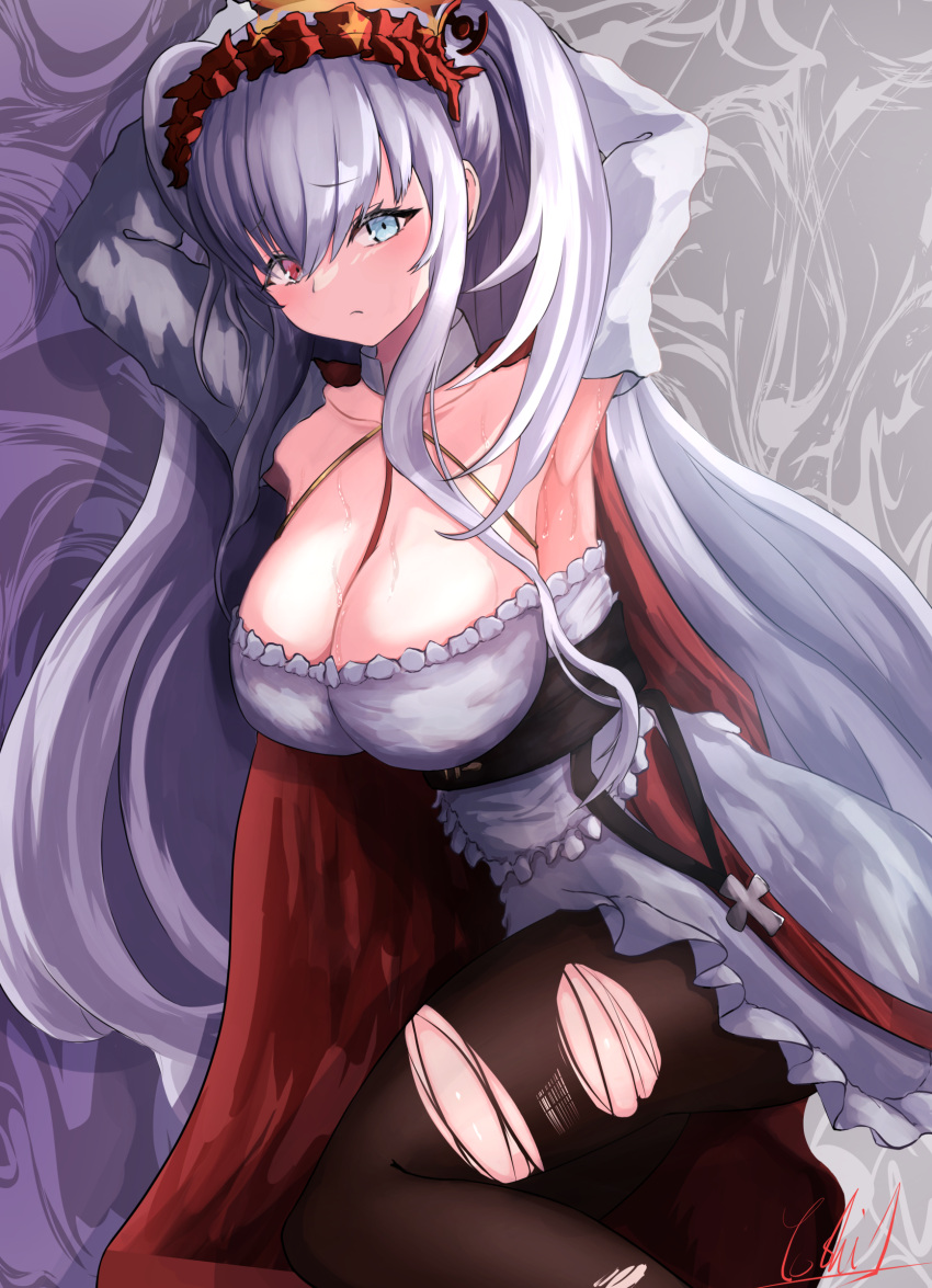 absurdres arms_up azur_lane blue_eyes breasts cleavage dress elbing_(azur_lane) elbing_(the_throne_of_misfortune)_(azur_lane) female frilled_dress frilled_hairband frills hairband heterochromia highres huge_breasts long_hair looking_at_viewer lying official_alternate_costume on_side pantyhose red_eyes red_hairband solo torn_clothes torn_pantyhose very_long_hair white_hair yoshi-j