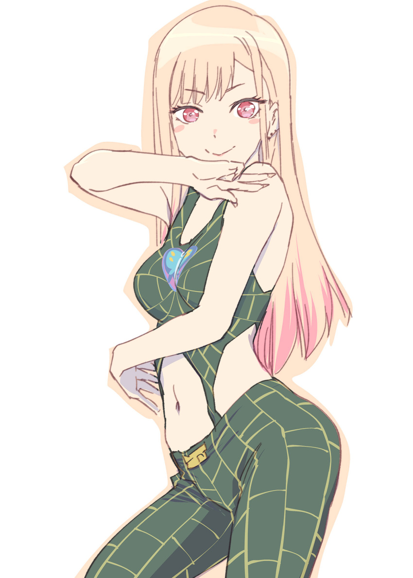 blonde_hair closed_mouth commentary_request cosplay ear_piercing female green_pants highres jojo_no_kimyou_na_bouken kitagawa_marin kujo_jolyne kujo_jolyne_(cosplay) long_hair looking_at_viewer multicolored_hair navel pants piercing red_eyes red_hair season_connection simple_background smile solo sono_bisque_doll_wa_koi_wo_suru spider_web_print standing stone_ocean two-tone_hair ueyama_michirou white_background