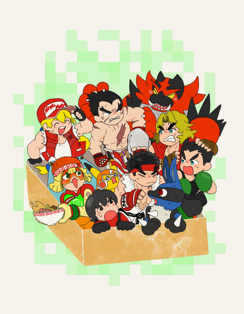 6+boys :d ^_^ anger_vein angry arms_(game) baseball_cap beanie bento black_eyes black_gloves black_hair black_tank_top blonde_hair blue_eyes bowl box boxer boxing_gloves brown_gloves brown_hair chinese_clothes clenched_teeth closed_eyes closed_mouth clothed_pokemon cosplay_pikachu denim domino_mask dougi dragon_(arms) eyebrows_visible_through_mask fangs fatal_fury fatal_fury_cap female fingerless_gloves food gloves hand_on_another's_head hat headband heterochromia highres holding holding_bowl in_box in_container incineroar jeans kamaboko ken_masters knit_hat little_mac long_hair looking_at_another lucario male_focus mask meandros mii_(nintendo) min_min_(arms) mishima_kazuya multiple_boys muscular muscular_male narutomaki noodles open_mouth orange_headwear pants pikachu pikachu_libre pokemon pokemon_(creature) pokken_tournament ponytail punch-out!! red_eyes red_footwear red_gloves red_headband red_headwear red_vest ryu_(street_fighter) scar scar_on_arm scar_on_chest scar_on_face sharp_teeth shirt short_hair simple_background smile street_fighter street_fighter_ii_(series) super_smash_bros. sweatdrop tank_top teeth tekken terry_bogard the_king_of_fighters thick_eyebrows topless_male upper_teeth_only vest white_shirt ya_tudoki15