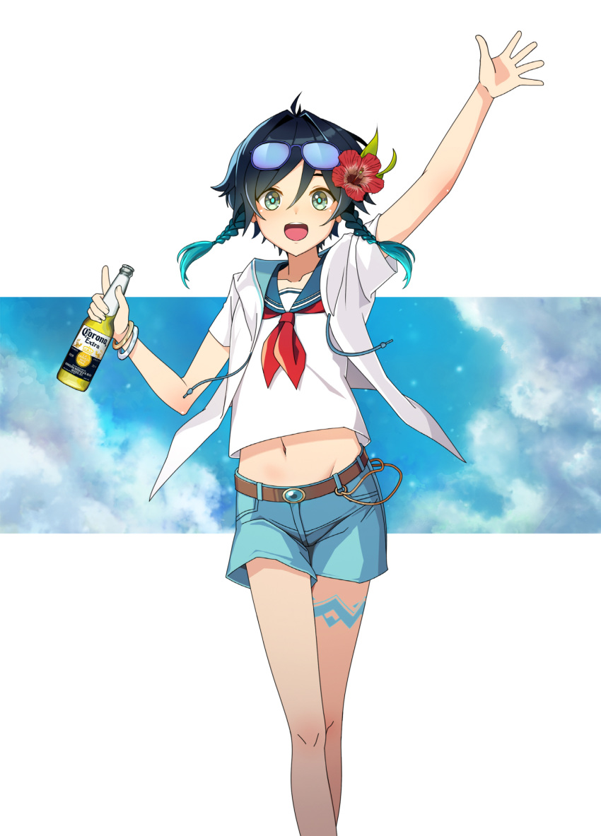 1boy :d androgynous arm_up bare_arms bare_legs belt black_hair blue_gemstone blue_hair blue_sailor_collar blue_shorts bottle bracelet braid brown_belt collarbone collared_shirt eyewear_on_head flower gem genshin_impact gradient_hair green_eyes hair_between_eyes hair_flower hair_intakes hair_ornament hibiscus highres holding holding_bottle jacket jewelry korean_commentary looking_at_viewer male_focus midriff multicolored_hair navel neckerchief open_clothes open_jacket otoko_no_ko purple-framed_eyewear red_flower red_neckerchief sailor_collar sailor_shirt shirt short_hair_with_long_locks short_shorts short_sleeves shorts smile stomach sunglasses twin_braids venti_(genshin_impact) white_jacket white_shirt yuhito_(vlack1492)