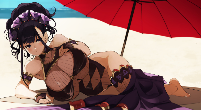 absurdres armlet bare_shoulders beach black_gloves black_hair black_one-piece_swimsuit breasts covered_navel fate/grand_order fate_(series) female fingerless_gloves flower gloves gold_trim hair_flower hair_ornament hair_up half_gloves hand_on_own_chest highleg highleg_swimsuit highres huge_breasts large_breasts long_hair looking_at_viewer lying murasaki_shikibu_(fate) murasaki_shikibu_(swimsuit_rider)_(fate) murasaki_shikibu_(swimsuit_rider)_(first_ascension)_(fate) naze ocean on_side one-piece_swimsuit parasol purple_eyes sarong swimsuit thighs tied_hair umbrella