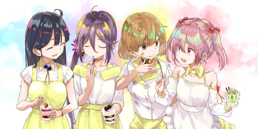 4girls ahoge akebono_(kancolle) bandaid bandaid_on_cheek bandaid_on_face bell blue_hair breasts brown_eyes brown_hair buttons choker closed_eyes commission flower food hair_bell hair_between_eyes hair_bobbles hair_flower hair_ornament highres holding holding_spoon jingle_bell kantai_collection long_hair long_sleeves matsutani multiple_girls oboro_(kancolle) official_alternate_costume open_mouth pink_eyes pink_hair ponytail purple_hair sazanami_(kancolle) shirt short_hair short_sleeves short_twintails side_ponytail simple_background skeb_commission skirt spoon twintails upper_body ushio_(kancolle) white_shirt yellow_skirt