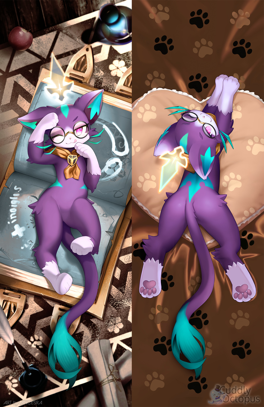 2023 ancesra anthro battle_principal_yuumi bed bedding bedding_background bedroom_eyes blue_body blue_fur book dakimakura dakimakura_design dakimakura_pose domestic_cat eyewear featureless_crotch felid feline felis female feral footprint fur furniture glasses hi_res league_of_legends lying magic mammal mostly_nude narrowed_eyes on_back on_front pawprint pillow purple_body riot_games rug seductive solo spread_legs spreading tencent tongue tongue_out whiskers yuumi_(lol)