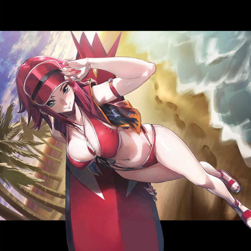 bare_legs beach between_breasts bikini blue_eyes breasts code_geass code_geass:_genesic_re;code come_hither female highres jacket jewelry kouzuki_kallen large_breasts letterboxed long_legs looking_at_viewer looking_up midriff nail_polish navel necklace official_art outdoors red_bikini red_footwear red_hair red_nails sandals shiny_skin sleeveless sleeveless_jacket smile solo stomach surfboard swimsuit thighs thong toenail_polish toenails visor_cap whoopin wide_hips